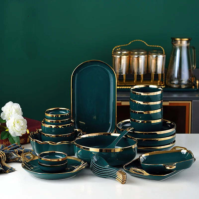 Luxury MC THE BLACK DIAMOND family dinnerware set with elegant plates and bowls arranged on a dining table.