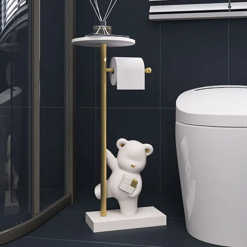 MC THE BLACK DIAMOND bear figurine toilet paper holder for household decor, featuring a cute bear design holding a toilet paper roll.