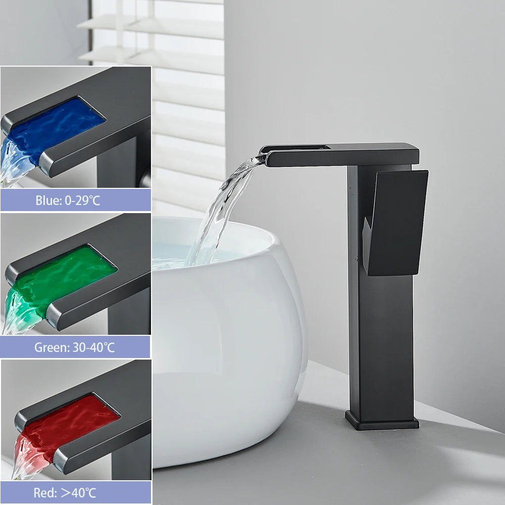Black LED bathroom sink faucet by MC THE BLACK DIAMOND, brass waterfall mixer with hot and cold water controls.