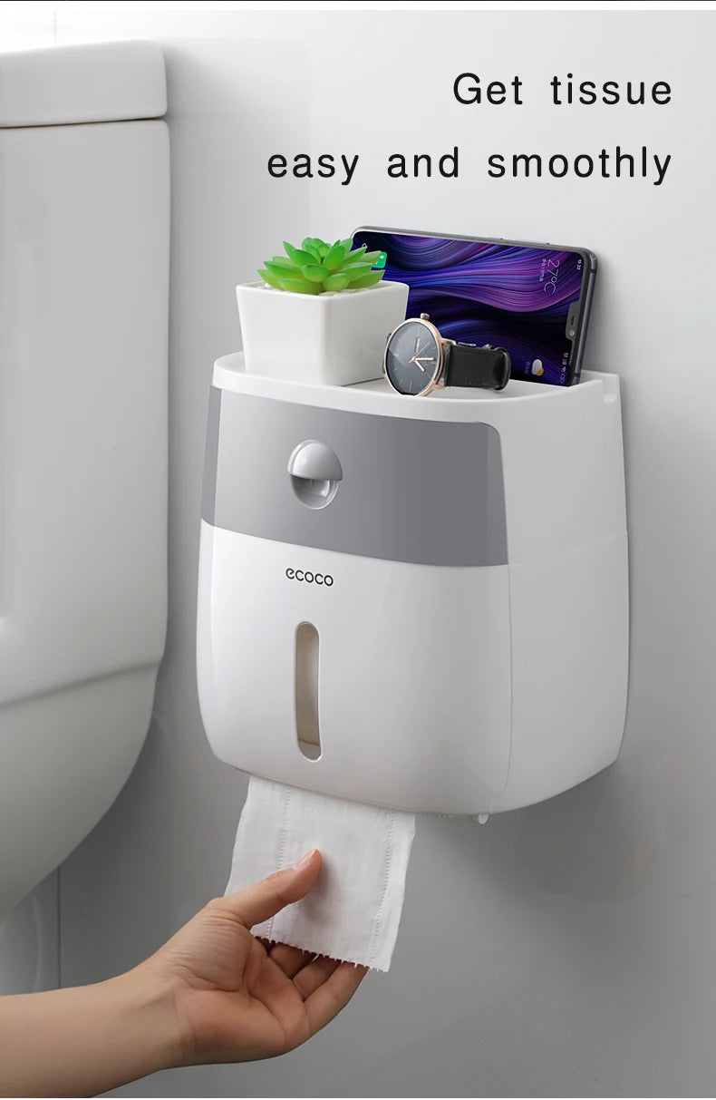 Plastic portable toilet roll holder with waterproof double-layer paper dispenser, designed for bathroom storage and accessories.