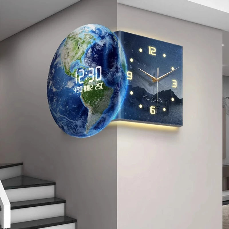 Earth double-sided corner LED wall clock by MC THE BLACK DIAMOND, featuring modern design and bright LED display for easy reading.