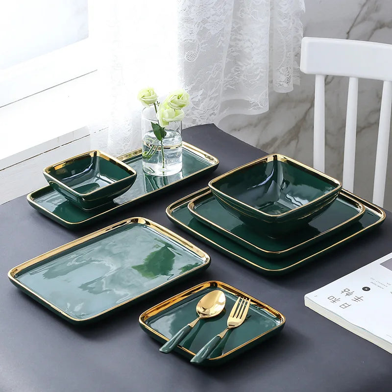 Dark green ceramic dinner plate with gold border from 𝕄𝕔 𝕋𝕙𝕖 𝔹𝕝𝕒𝕔𝕜 𝔻𝕚𝕒𝕞𝕠�