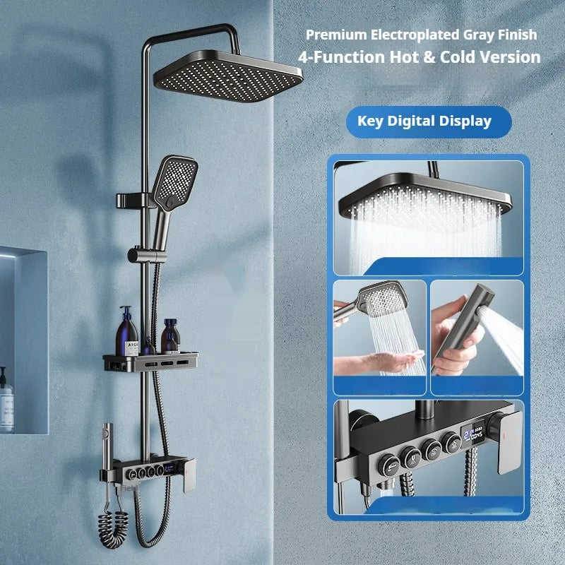 Modern MC THE BLACK DIAMOND multi-function shower system with multiple showerheads and sleek design, installed in a bathroom.