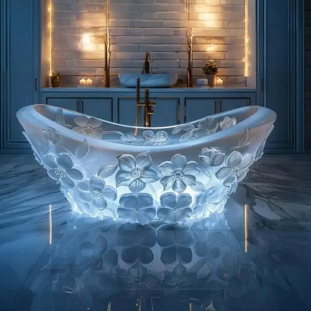 Transparent MC THE BLACK DIAMOND freestanding resin bathtub with crystal accents, designed for couples, modern AI concept bathtub.