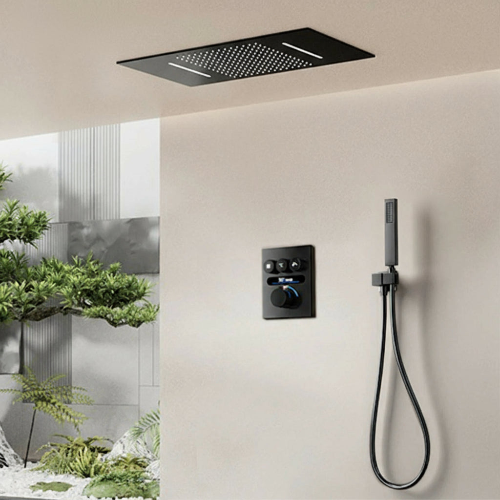 MC THE BLACK DIAMOND shower system with hot and cold water ceiling-embedded bath mixer and modern shower head.