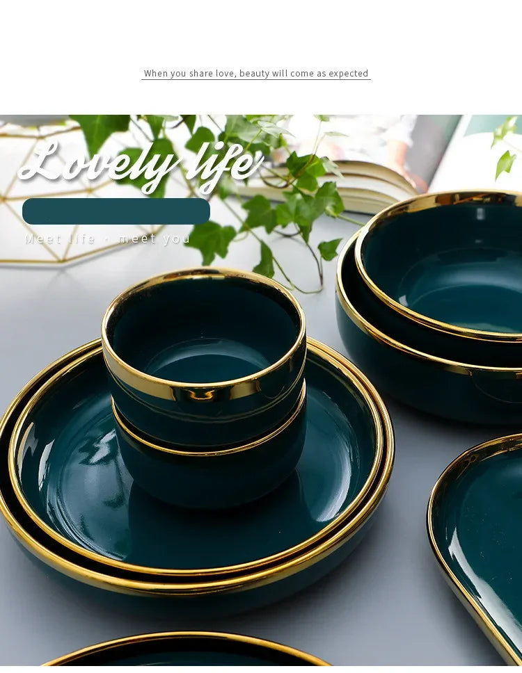 Green ceramic dinnerware set by MC THE BLACK DIAMOND, includes plates and bowls for family dining.