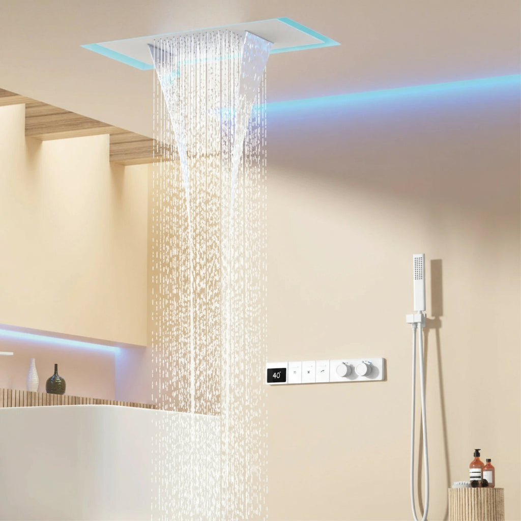 Wall-mounted MC The Black Diamond shower system with hidden design, dual control hot and cold water wall faucet and shower head.