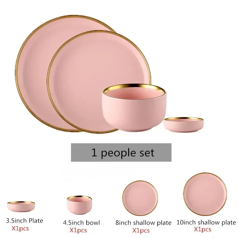 Set of MC THE BLACK DIAMOND kitchen ceramic dinnerware sets with plates, bowls, and mugs on a dinner table.