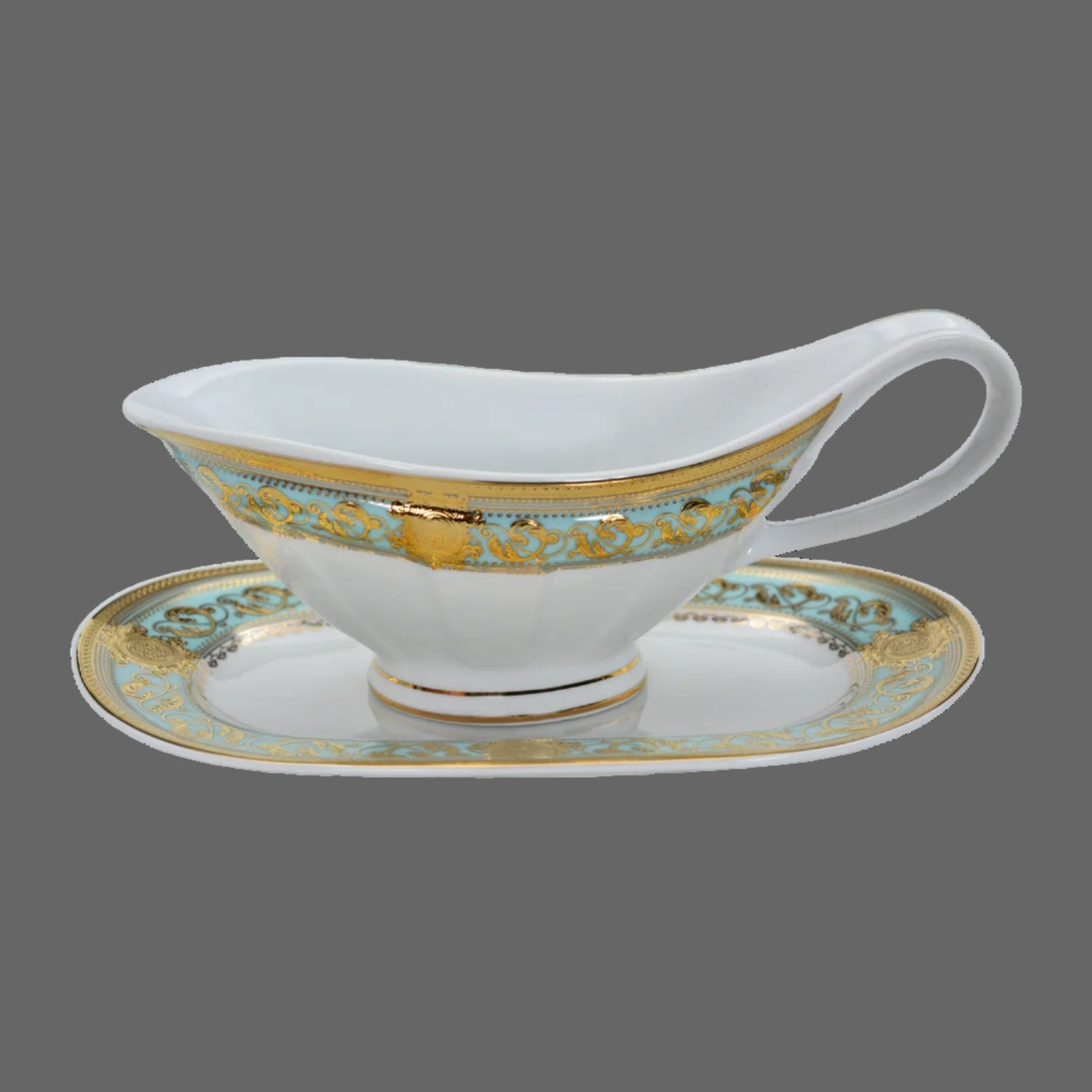 Embossed gold porcelain dinnerware set by MC THE BLACK DIAMOND, featuring elegant plates and bowls with intricate gold detailing.
