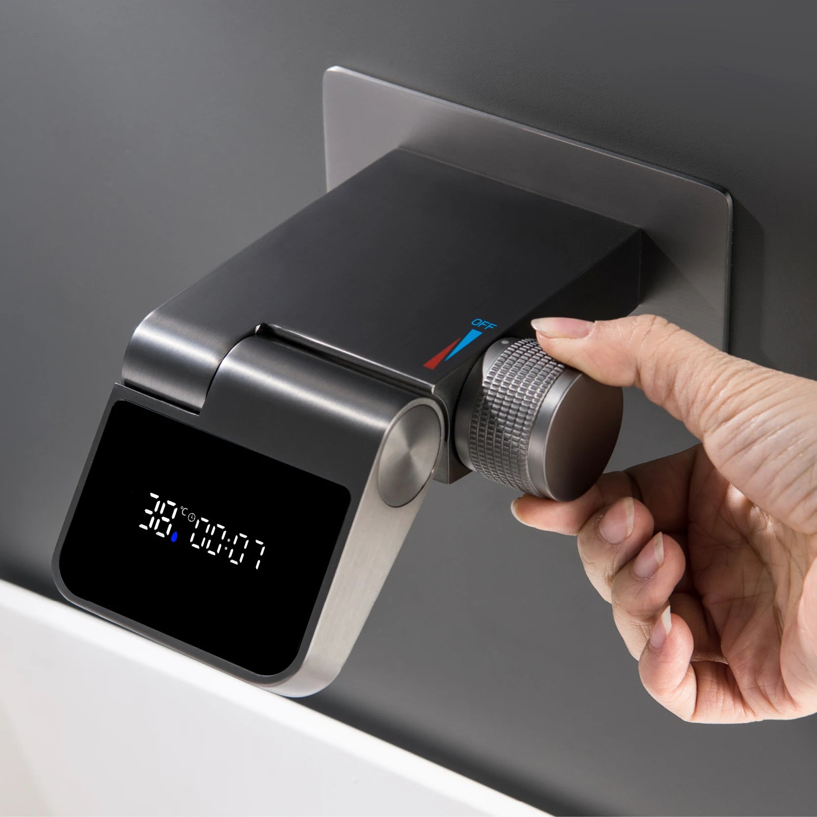 Luxury brass wall-mounted bathroom sink faucet with LED digital display, hot and cold dual control, and sleek modern design.