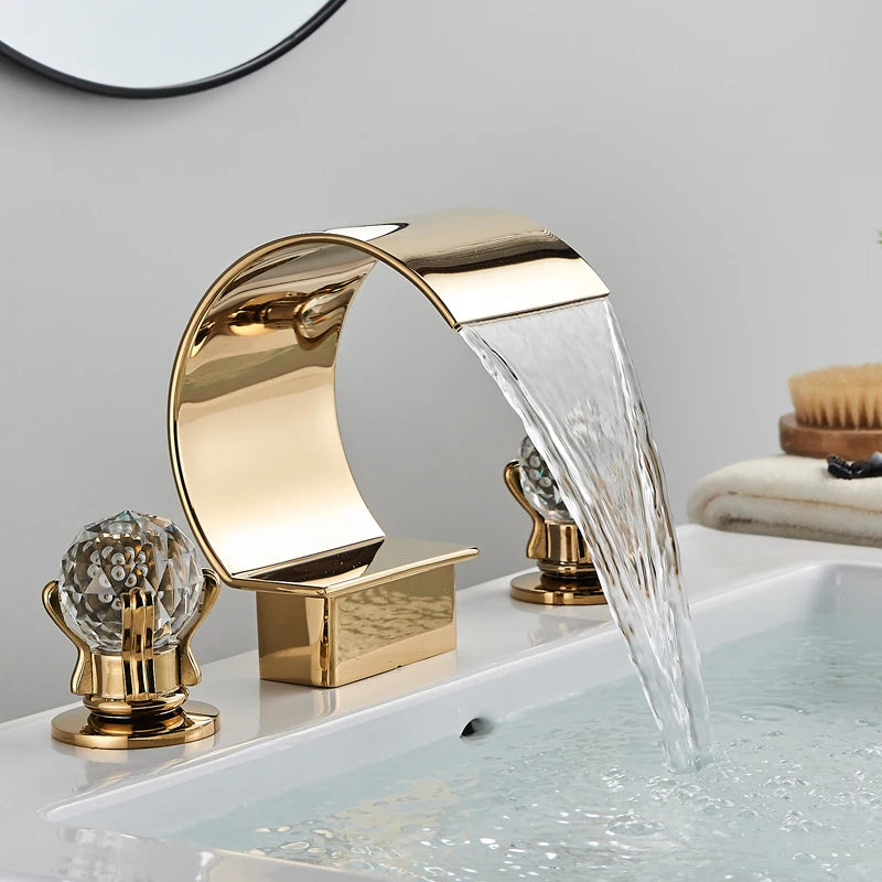 MC THE BLACK DIAMOND waterfall basin faucet with crystal handles, elegant bath sink faucet for modern bathroom decor.