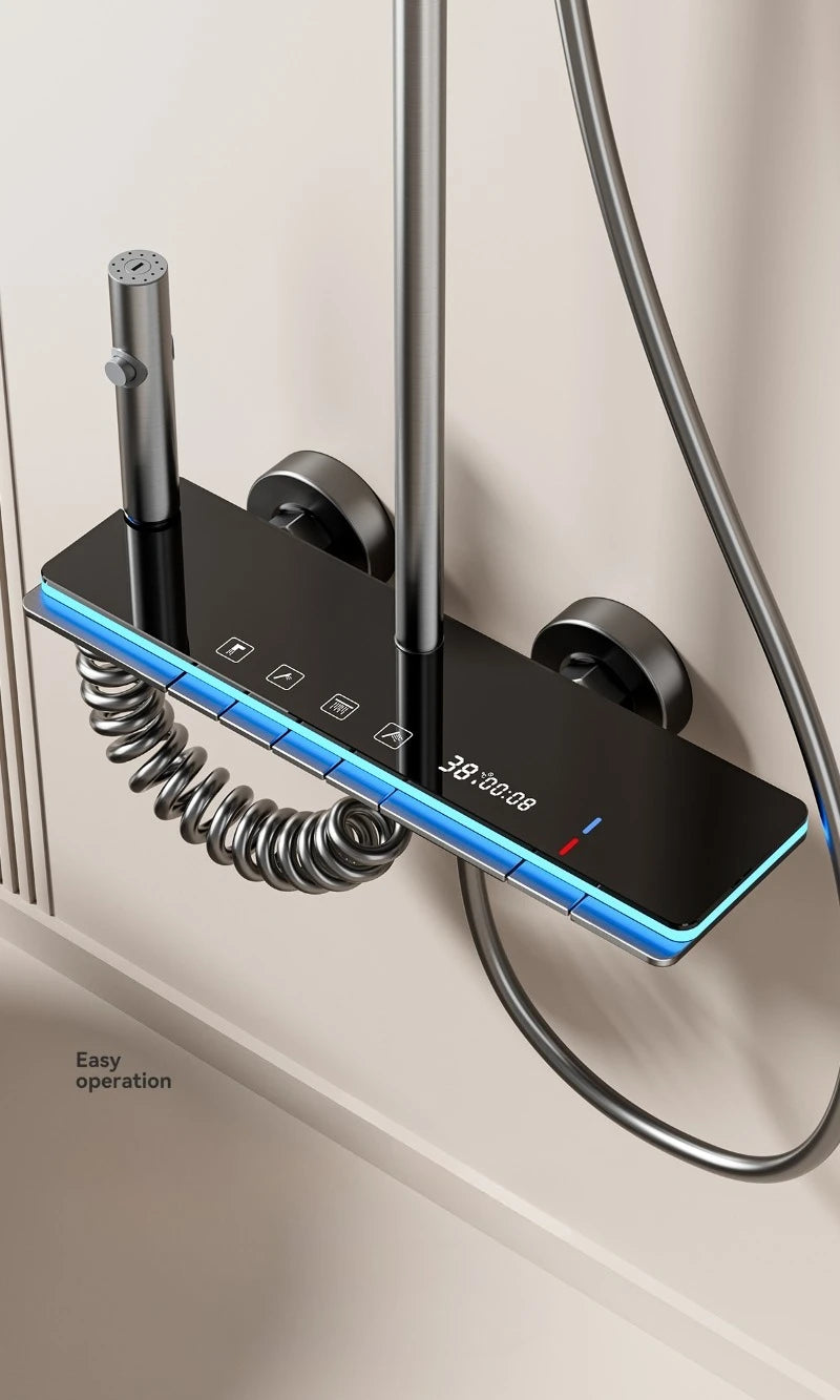 Digital bathroom shower faucet set with rainfall showerhead, temperature display, and sleek design by MC THE BLACK DIAMOND.