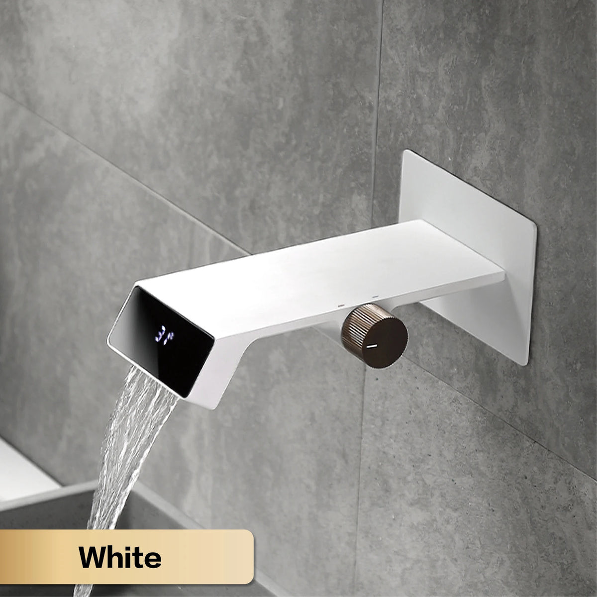 Luxury gray brass bathroom faucet with LED digital display, designed for bath and sink by MC THE BLACK DIAMOND.