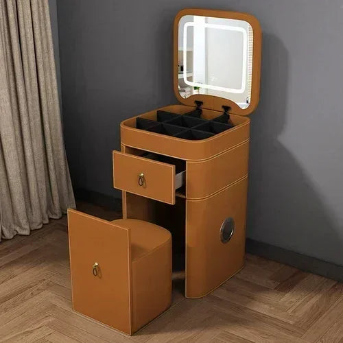 Modern MC THE BLACK DIAMOND makeup vanity with storage drawer, luxurious mirror, and sleek stool for elegant beauty organization.