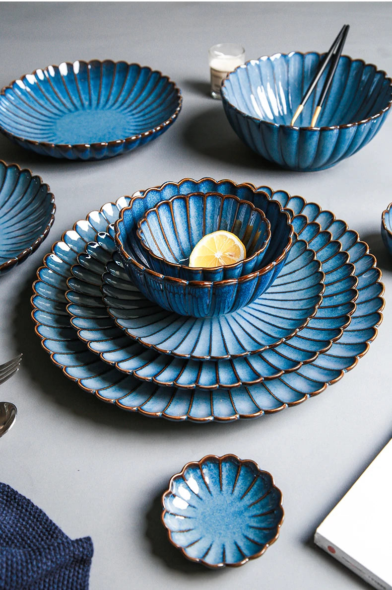 MC THE BLACK DIAMOND Western dinnerware set featuring kiln variable glaze, includes plates, bowls, and cups with artisanal ceramic design.