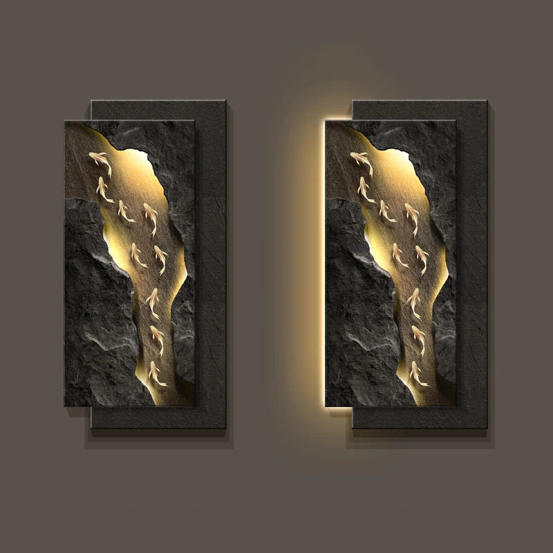 Decorative wall light fixture featuring a hanging koi fish painting by MC THE BLACK DIAMOND for artistic wall decor.