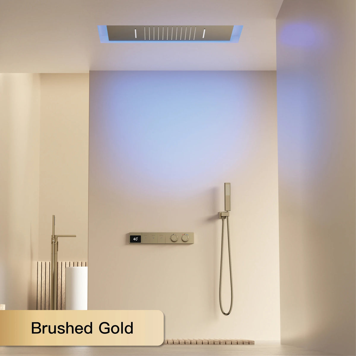 Wall-mounted MC THE BLACK DIAMOND shower system with hidden design and dual control hot and cold water faucet.