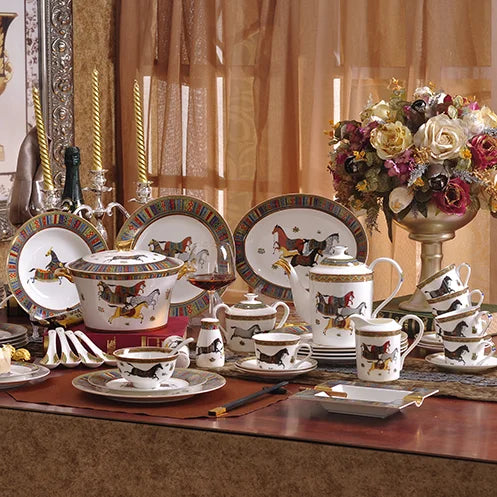 Elegant porcelain dinnerware set with gold rim details from MC THE BLACK DIAMOND, showcasing matching plates and bowls.