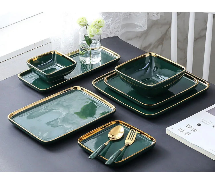 Modern luxury dark green ceramic dinner plate with gold border, ideal for steak, pasta, and tableware from 𝕄𝕔 𝕋𝕙𝕖 𝔹𝕝𝕒𝕔𝕜 𝔻�