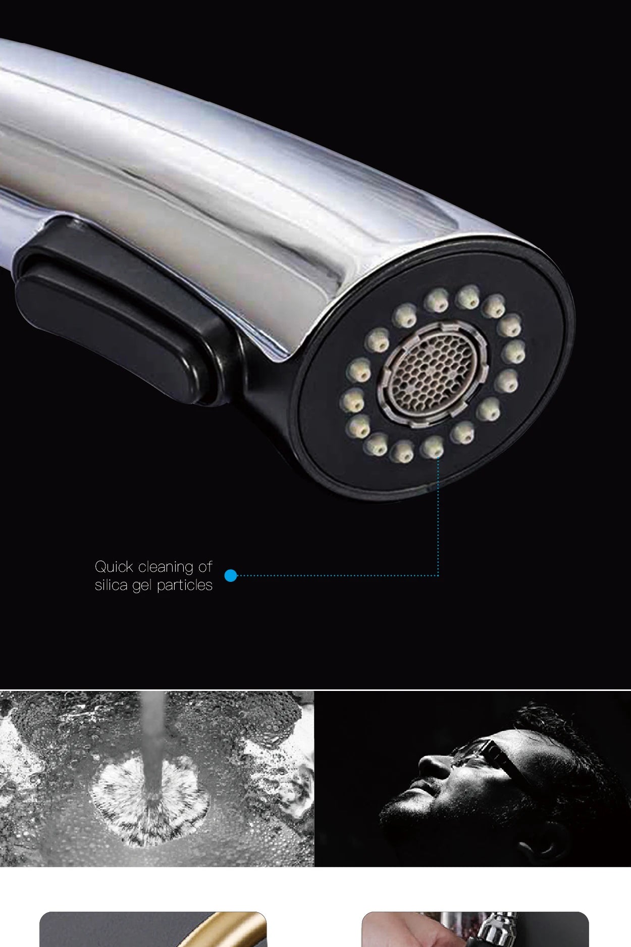 Dual-spray pull-out kitchen faucet by MC THE BLACK DIAMOND with modern chrome finish, shown with flexible hose and spray head.