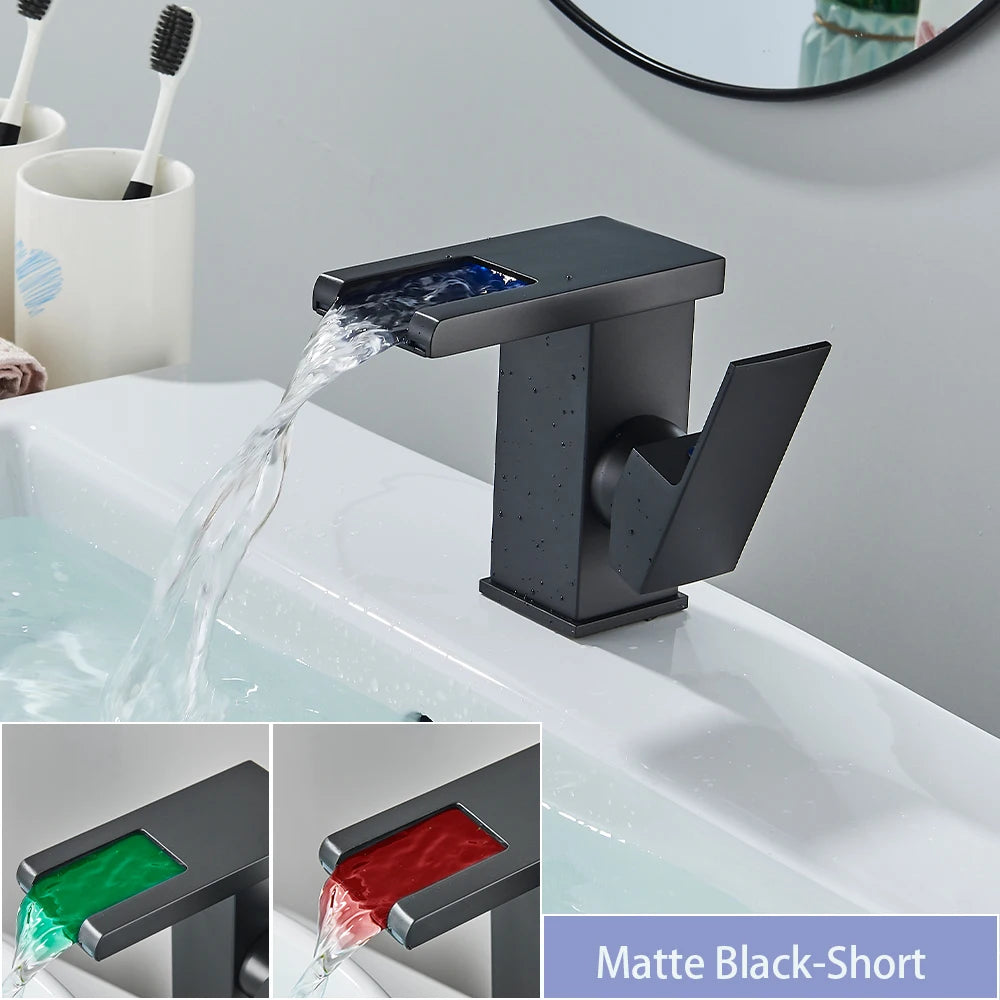 Black LED bathroom sink faucet by MC THE BLACK DIAMOND with brass waterfall design, hot and cold mixer for modern baths.