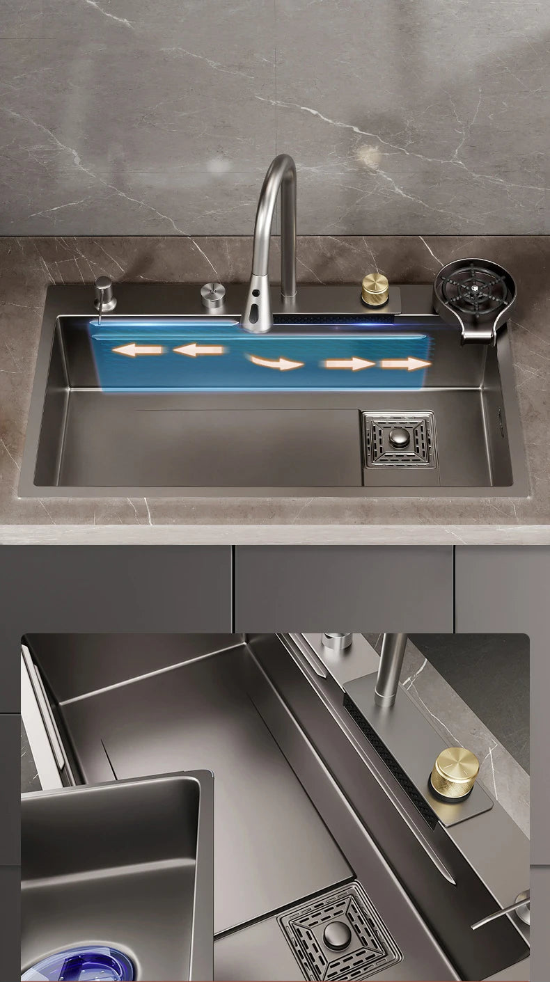Kitchen sink waterfall faucet by MC THE BLACK DIAMOND with large single bowl cup washer and modern design.