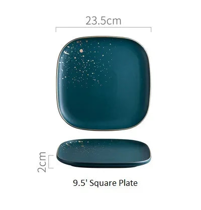 Dark green ceramic Western dinnerware set by MC THE BLACK DIAMOND, featuring plates, bowls, and cups arranged on a dining table.