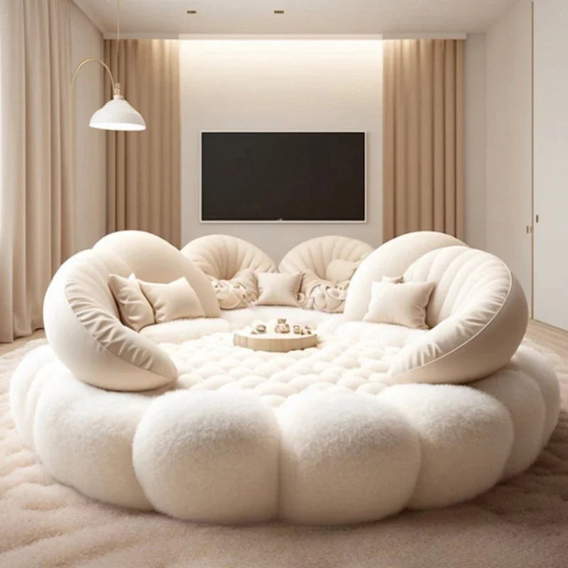 European full-sized platform bed frame by MC THE BLACK DIAMOND with a round aesthetic, soft design for master bedroom decor.