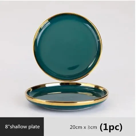Green ceramic dinnerware set by MC THE BLACK DIAMOND, includes plates, bowls, and mugs for family dining.