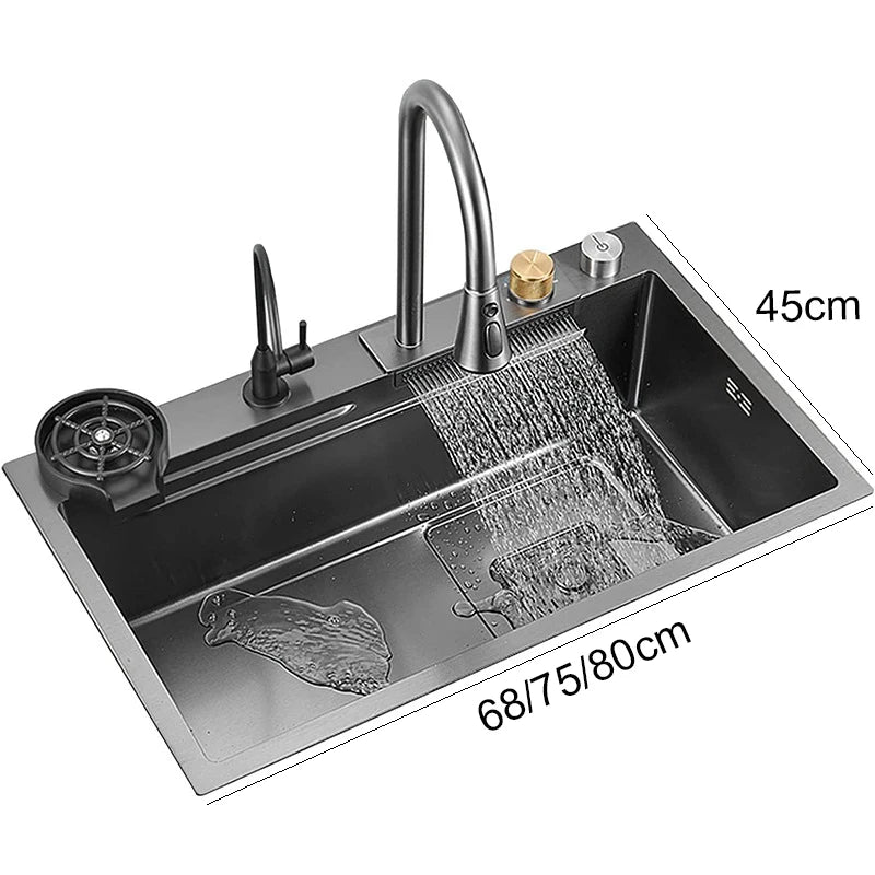 Large single bowl kitchen sink with waterfall faucet and cup washer by MC THE BLACK DIAMOND, showcasing modern stainless steel design.