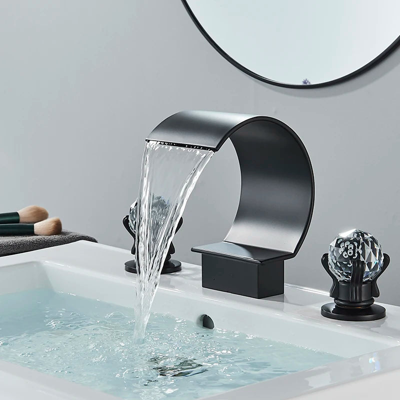 MC THE BLACK DIAMOND waterfall basin faucet with crystal handles for bath sink, featuring elegant modern design.