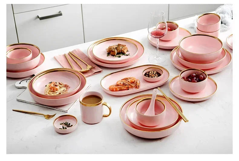 Set of ceramic kitchen dinnerware by MC THE BLACK DIAMOND, including plates, bowls, and mugs in a stylish tableware dinner set.