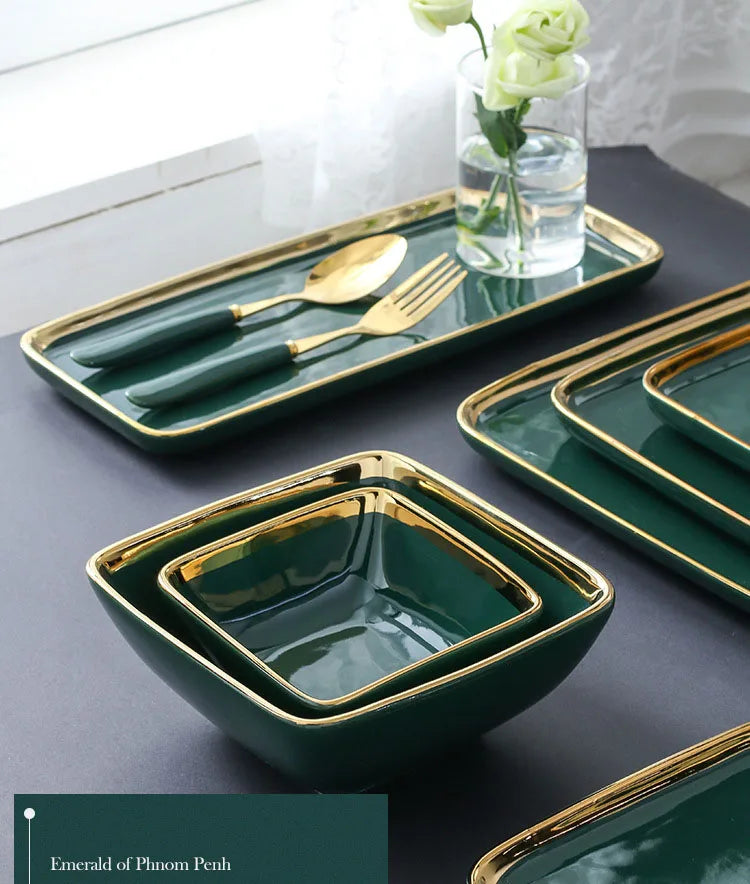 Dark green ceramic dinner plate with golden border, part of 𝕄𝕔 𝕋𝕙𝕖 𝔹𝕝𝕒𝕔𝕜 𝔻𝕚𝕒𝕞𝕠