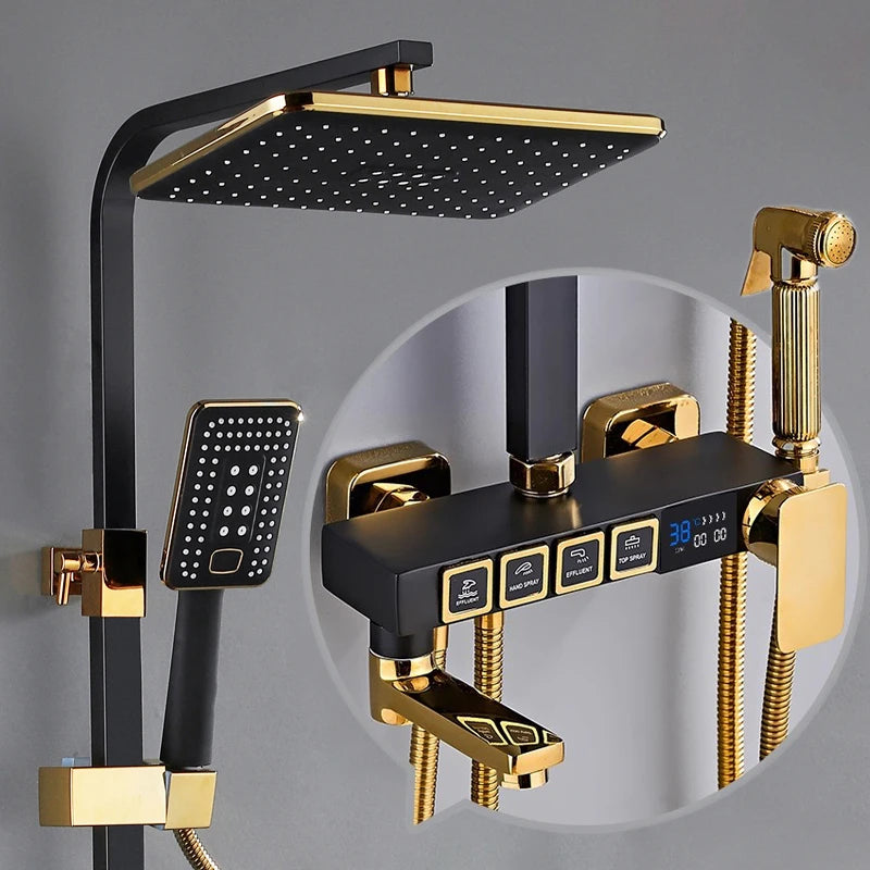 MC THE BLACK DIAMOND luxury digital bathroom shower head set with rainfall shower caddy for hot and cold water.
