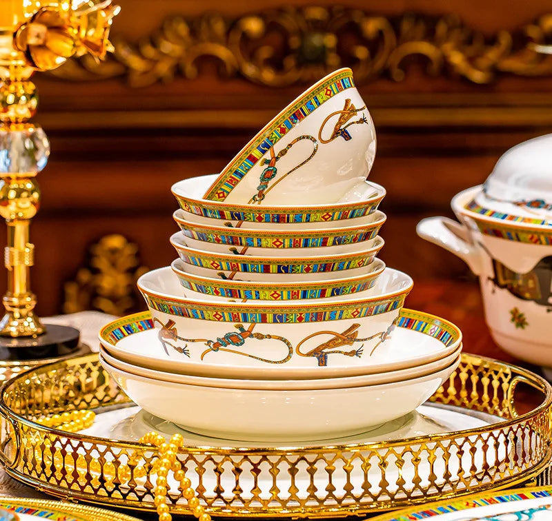 Family size dinnerware set by MC THE BLACK DIAMOND, includes plates, bowls, and utensils for complete table setting.
