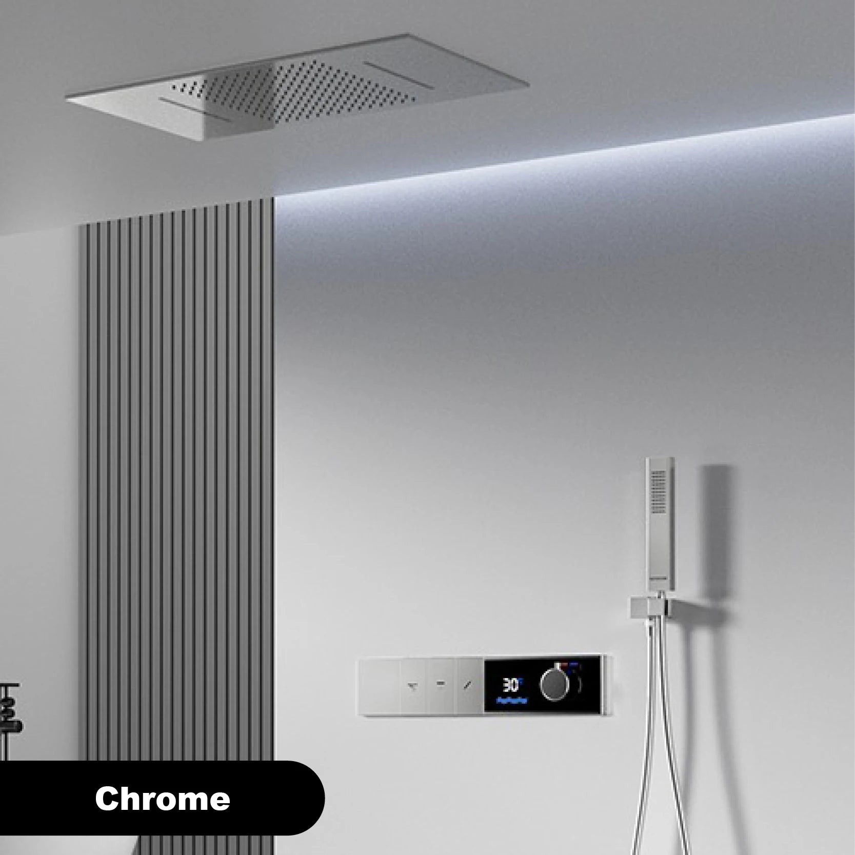 LED digital display shower system by MC THE BLACK DIAMOND with three spray modes and modern design.