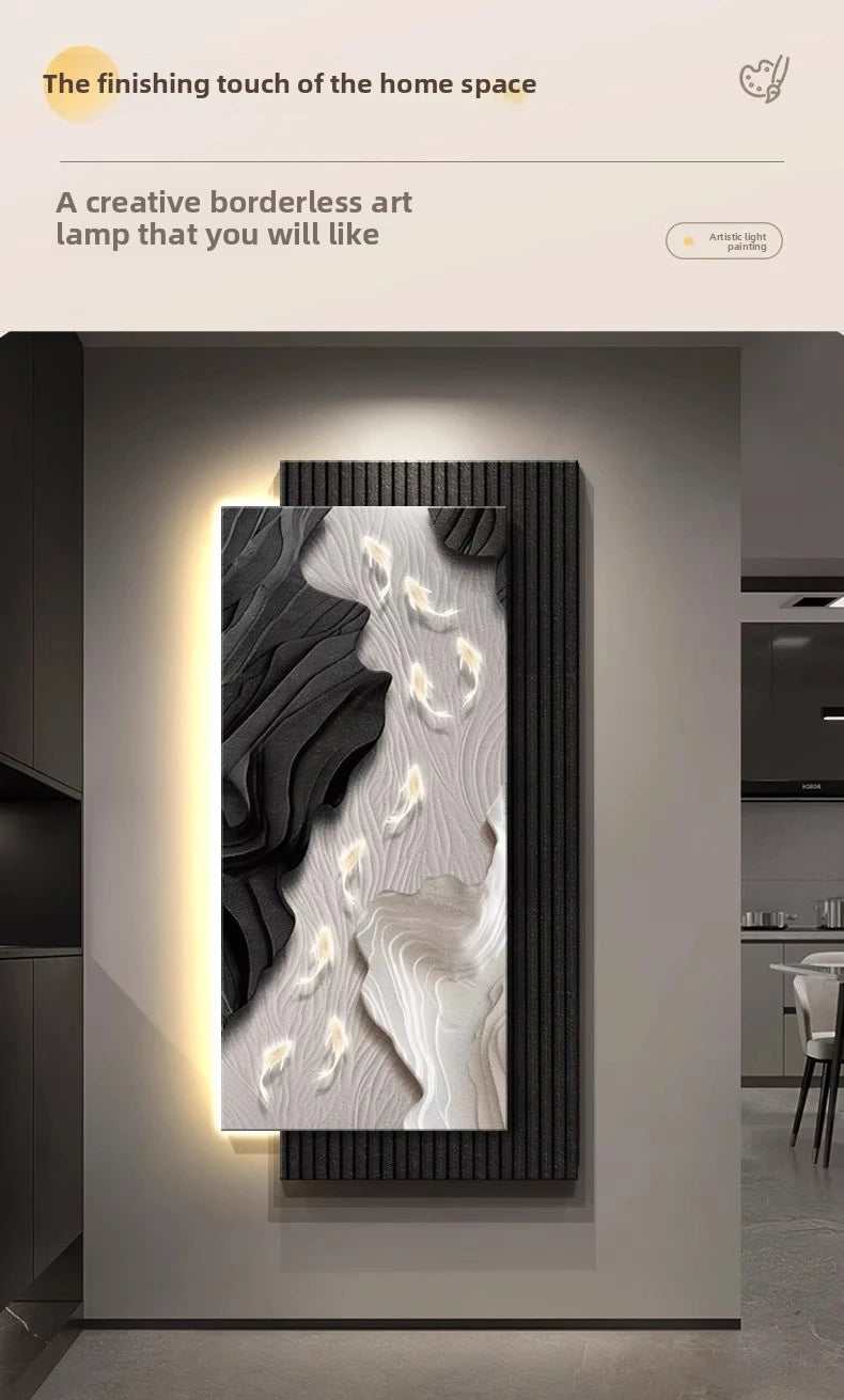 Decorative wall light fixture featuring a koi fish painting by MC THE BLACK DIAMOND, hanging art with vibrant fish design.