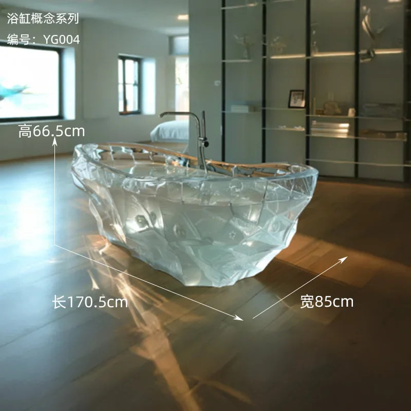 Transparent freestanding bathtub by MC THE BLACK DIAMOND featuring crystal-clear resin and corrugated design for modern bathroom decor.