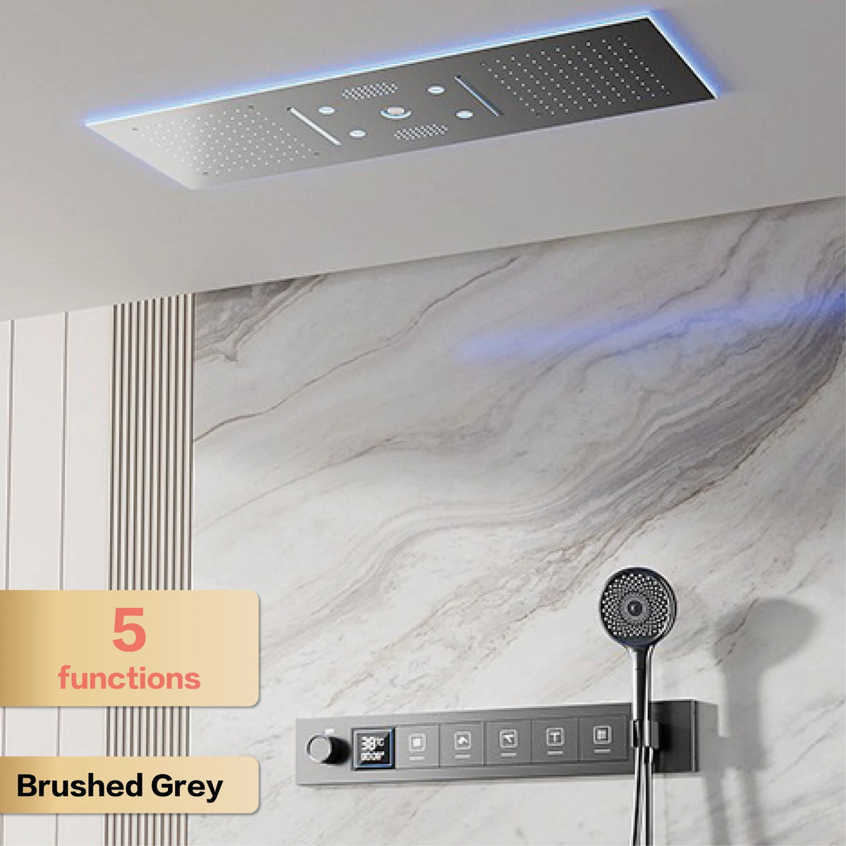 Luxury brass gunmetal LED display thermostatic shower faucet by MC THE BLACK DIAMOND, featuring modern design and digital temperature display.