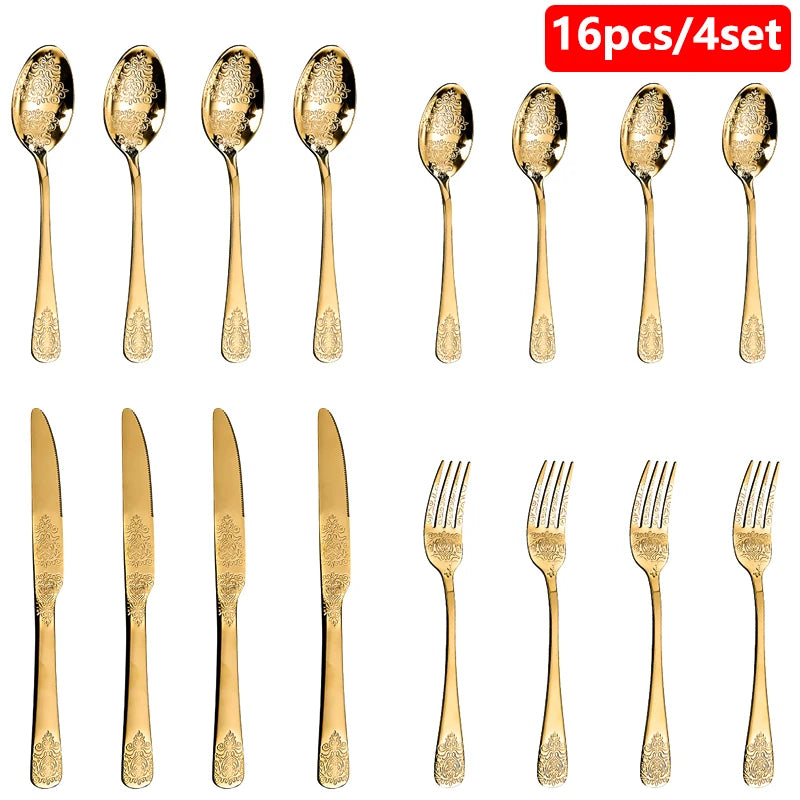 Stainless steel gold flatware set by MC THE BLACK DIAMOND, includes forks, knives, and spoons arranged on a white surface.