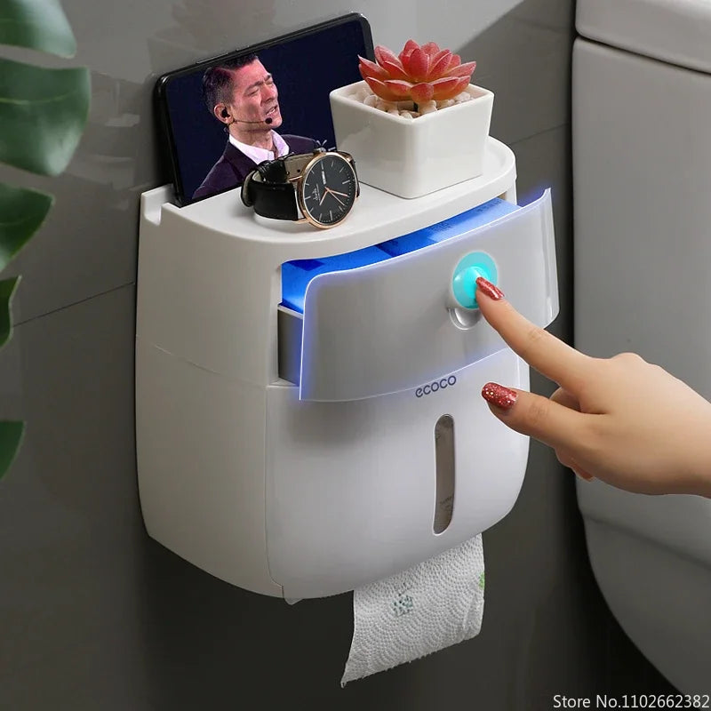Plastic portable toilet paper holder with waterproof double-layer dispenser, designed for bathroom storage and accessories.