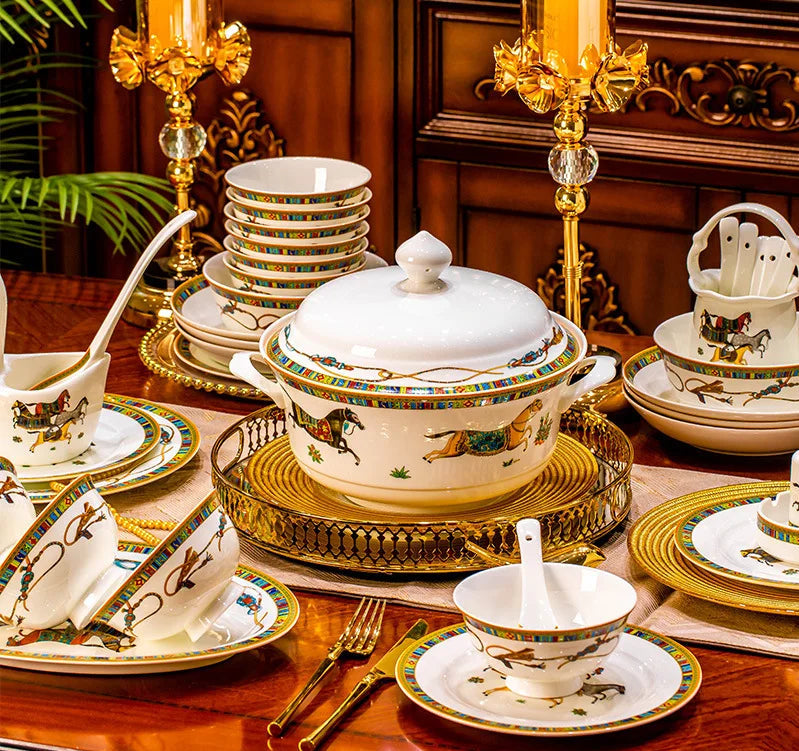 Family size dinnerware set from MC THE BLACK DIAMOND, includes plates, bowls, and utensils arranged for a table setting.