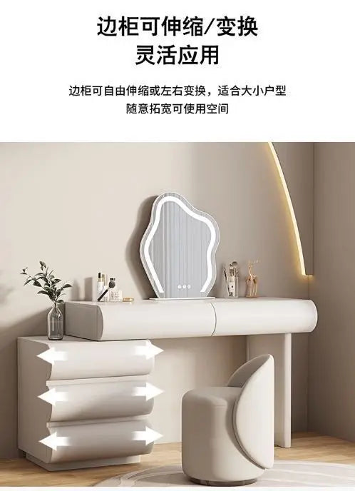 Black vanity table with mirror drawers, makeup storage organizer, dressing table, and matching chair from 𝕄𝕔 𝕋𝕙𝕖 𝔹𝕝𝕒𝕔𝕜 𝔻𝕚�