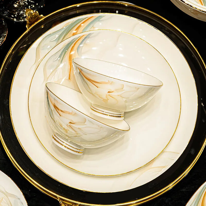 MC THE BLACK DIAMOND luxury dinnerware set with high-quality plates and bowls arranged on a dining table.