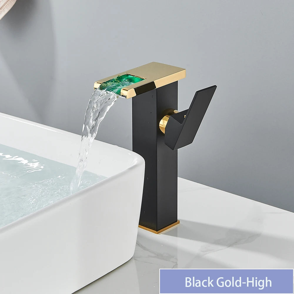 Black brass LED bathroom sink faucet with waterfall design, hot and cold mixer from MC THE BLACK DIAMOND, modern bath sink fixture