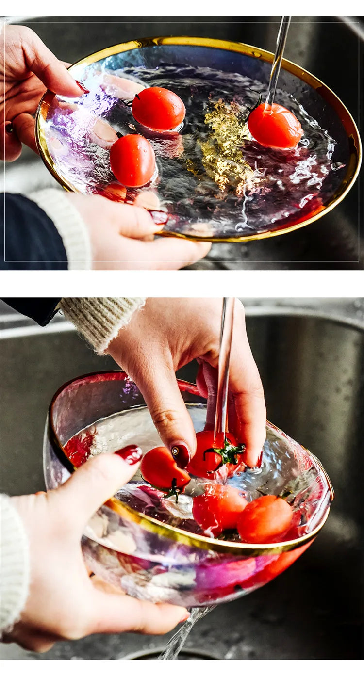 Thick rainbow glass dinner plate from MC THE BLACK DIAMOND, featuring vibrant colors and a sturdy steak plate design.