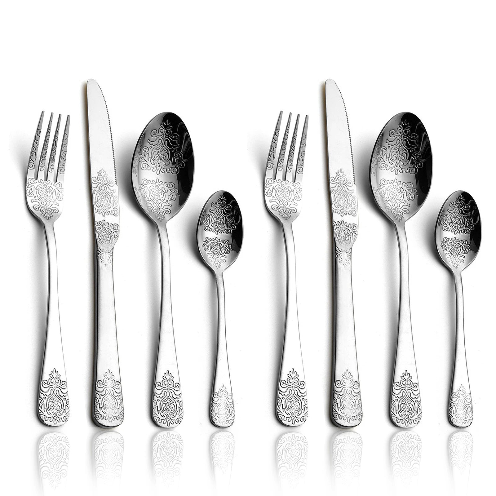 Stainless steel gold flatware set by MC THE BLACK DIAMOND, including spoons, forks, and knives on a white background.