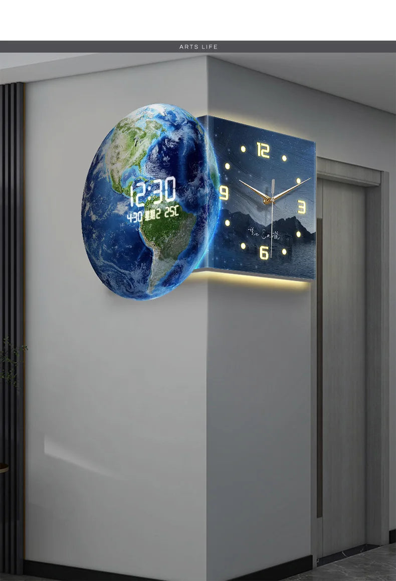 MC THE BLACK DIAMOND Earth double-sided corner LED wall clock showing time on both sides with bright LED display