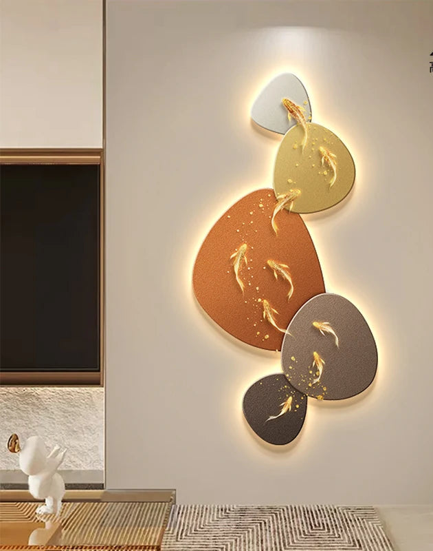 MC THE BLACK DIAMOND nine fish map wall art lamp mural, luxurious corridor hanging painting with luminous fish design.