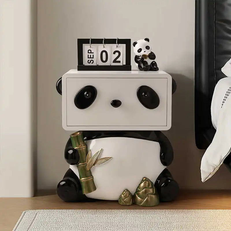 Cute panda bedside table by MC THE BLACK DIAMOND, creative floor storage nightstand with panda ornament and functional design.